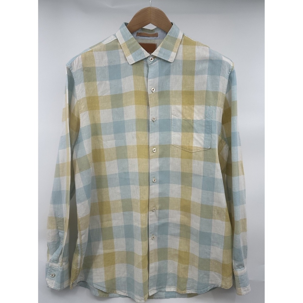 Tommy Bahama Men's Linen Button Up Plaid Blue Yellow Vacation Large Casual
